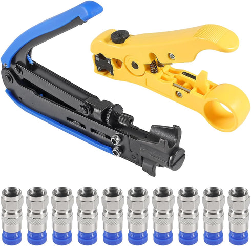Coaxial Compression Tool Coax Cable Crimper Kit Adjustable RG6 RG59 RG11 75-5 75-7 Coaxial Cable Stripper with 10pcs F Compression Connectors Blue...
