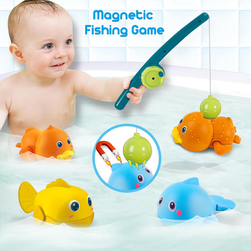 Dwi Dowellin Bath Toys for Toddlers, Magnetic Fishing Games Kids Bathtub Toys, Mold Free Wind-up Toys Swimming Fish Duck Whale Floating Water Toys...