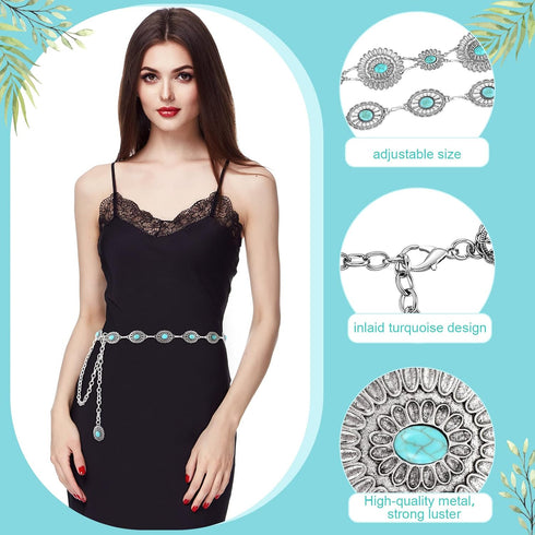 4 Pcs Turquoise Concho Chain Belt with Bohemian Dangle Metal Large Oval Earring, Women Concho Adjustable Belts Western Turquoise Earrings for Wome...