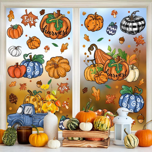 6 Sheets Fall Window Clings Double-Sided Window Stickers with Orange Maple Leaves Pumpkins Blue Truck Thanksgiving Window Decals for Autumn Home H...