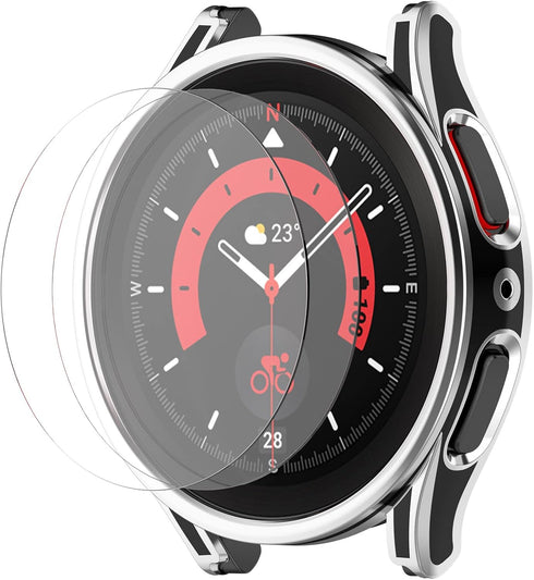 Smartwatch Full Coverage PC Protective Case Cover with Tempered Glass Screen Protector Compatible with Samsung Watch 5 40mm, Soft and Durable(Blac...