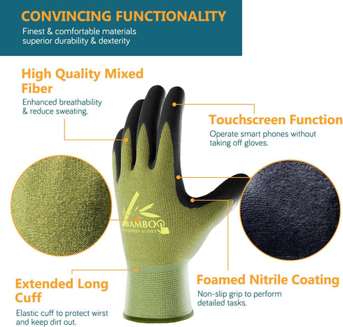 COOLJOB 2 Pairs Gardening Gloves for Women and Men, Bamboo Working Gloves Touchscreen, Grippy Nitrile Rubber Coated Work Gloves, Green/Black, Larg...