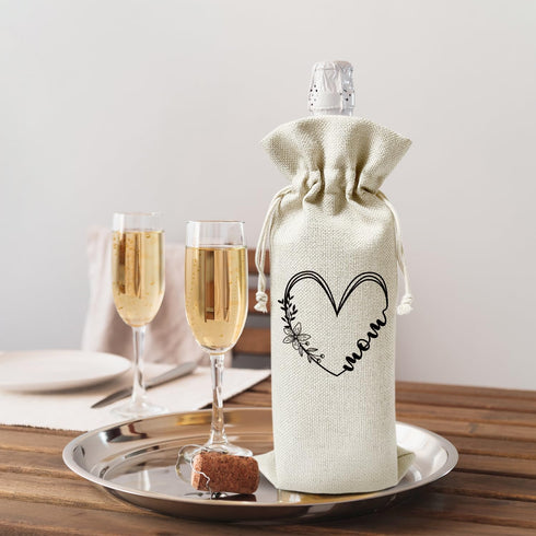 Linen Wine Bags Gift for mom, Mothers Day Drawstring Wine Bottles Bags Gift for Mama Mom Mommy from Daughter Son, 1 Pack Reusable Burlap Wine Bag ...
