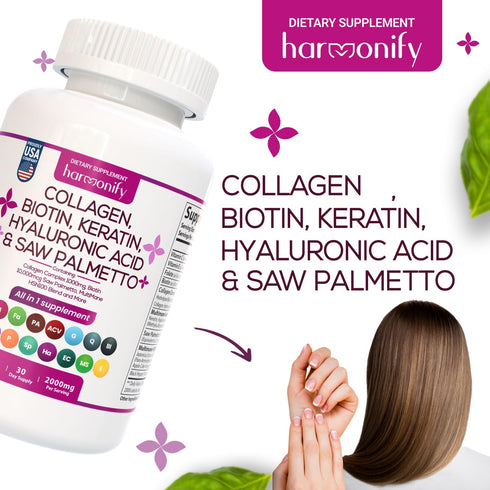 Collagen Biotin Keratin Saw Palmetto Hyaluronic Acid Complex Supplement with Vitamin E, Folic Acid, Pumpkin Seed and MSM, Hair Skin & Nails Multiv...
