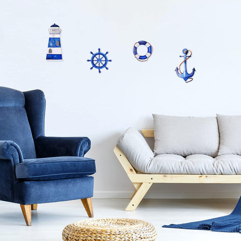 Yookeer 4 Pcs Beach Coastal Wall Decor Ocean nautical Bathroom Decor Wood Lighthouse Ship Wheel Anchor Wall Art Signs for Beach Party Room Bathroo...