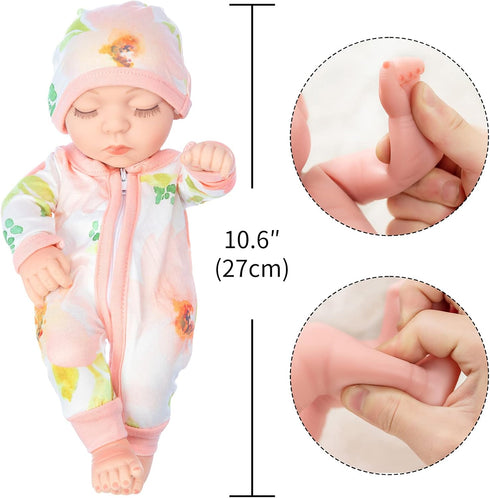 10 Inch Newborn Reborn Baby Doll and Clothes Set Washable Realistic Soft Silicone Sleeping Baby Doll with Beautiful Flower Pattern Jumpsuit and Ha...