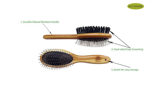 Double Sided Dog Brush - for Long or Short Haired Dogs and Cats Natural Bamboo Eco Friendly Pet Grooming Dual Sided Pin and Bristles for Desheddin...