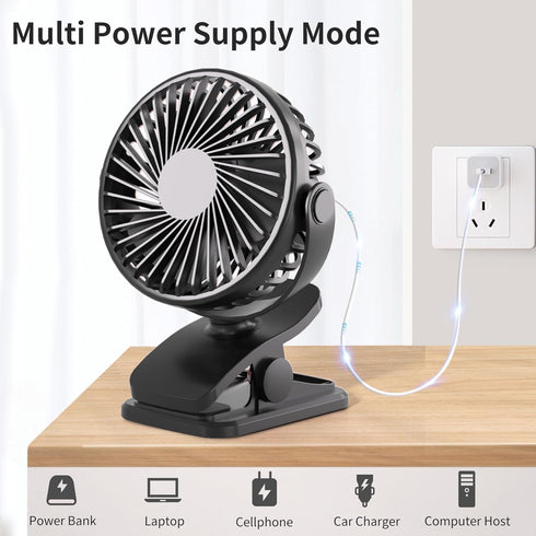 Portable Clip on Fan, 360° Rotate Battery Operated Stroller Fan, 3 Speed Quiet Mini Personal Desk Fan, USB Rechargeable Clooing Fan for Outdoor Ca...