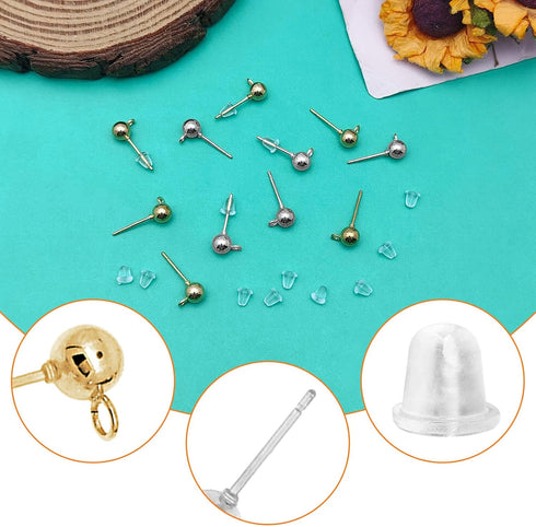 120Pcs Hypoallergenic Ball Studs for Jewelry Making,Round Ball Earring Posts Ball Post Earring Studs with Loop and 200Pcs Clear Earring Backs for ...