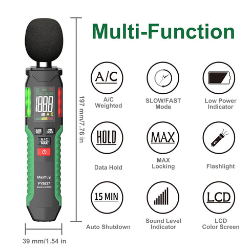 Decibel Meter, Sound Level Meter 30-130 dB with A/C Weighted, Digital Audio Noise Measure Device, Portable SPL Meter with LCD Color Display, Data ...