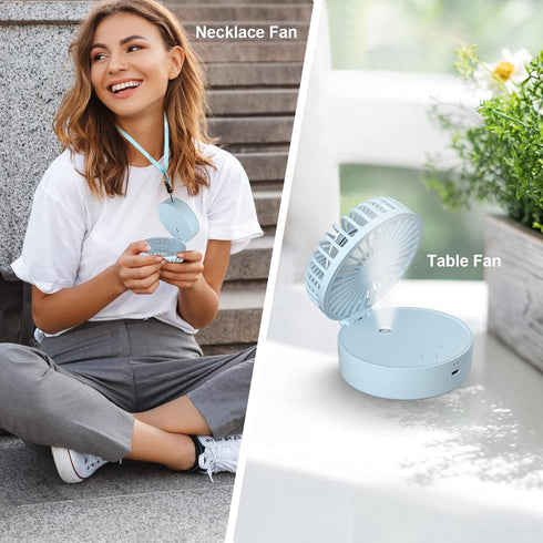 Mini Desk Fan, 3-IN-1 Portable Misting Fan, Necklace Hand Fan with Colorful LED, Small Handheld Fan Foldable, Quiet, Lanyard, Personal Fan for Wom...