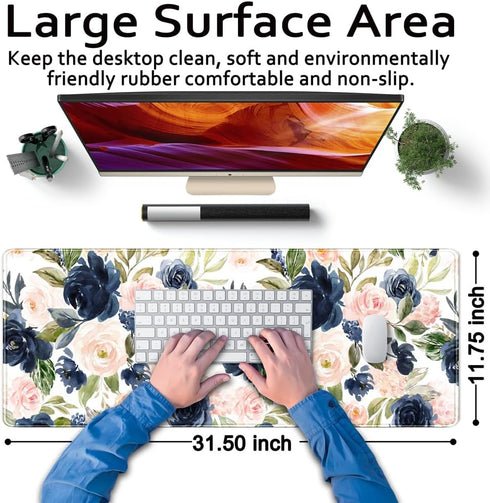 Blue Pink Mouse Pad Ink and Wash Blue Pink Flower Boho Desk Supplies for Women Office Aesthetic Desk Mat Mousepad Desk Pad Keyboard Pad, Non-Slip ...