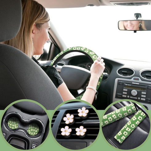 Frienda 10 Pcs Flowers Vintage Groovy Car Accessories Set Floral Steering Wheel Cover Flowers Car Air Vent Clips Center Console Armrest Cushion Ca...