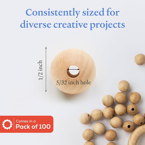 Large Wooden Beads for Crafts - Pack of 100 13mm 1/2 x 5/32 Inch Hole Large Wood Beads for Crafts withHoles for DIY | Round Wooden Balls for Craft...