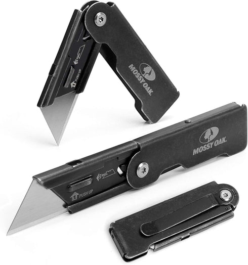MOSSY OAK 2-pack Folding Pocket Utility Knife Set, Quick Change Box Cutter with Frame Lock, EDC Foldable Razor Knife with Belt Clip, Stone Washed...