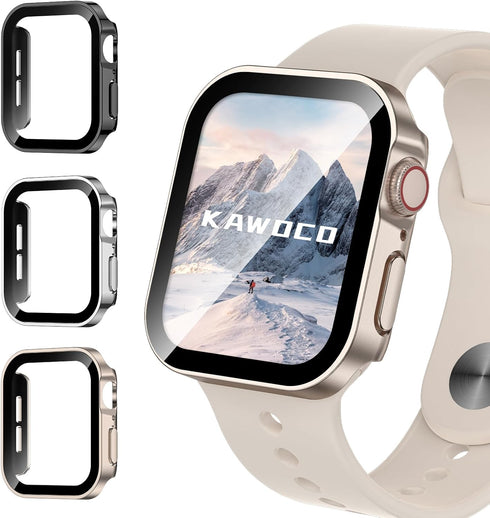 3 Pack Waterproof Case for Apple Watch Series 9 8 7 45mm, Straight Edge Hard PC Cover with Tempered Glass Screen Protector, Protective Bumper for ...