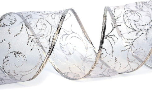 Wire Edged Ribbon Silver Sheer Organza Gift Wrap Ribbon 50 yards x 2.5 inch Wide Clearance Metallic Wired Trim & Glitter Decorative White 1 Roll L...