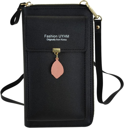 FuninCrea Crossbody Phone Bag, PU Shoulder Bag With Zipper, Mobile Phone Wallet Bags with Three Layers Metal Leaves...