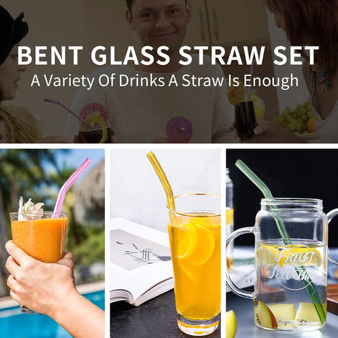 10 Pack Reusable colorful Glass Straws, 8" Shatter-Resistant Bent Drinking Straws for Smoothies, Milkshakes, Hot/Cold Drinks, with 2 Cleaning Brus...