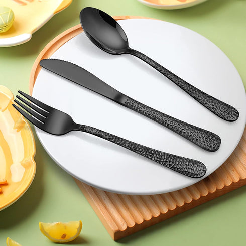 LIANYU 9-Piece Kids Black Silverware Set, Stainless Steel Toddler Utensils, Hammered Metal Flatware Cutlery Set Preschooler, Children Tableware In...