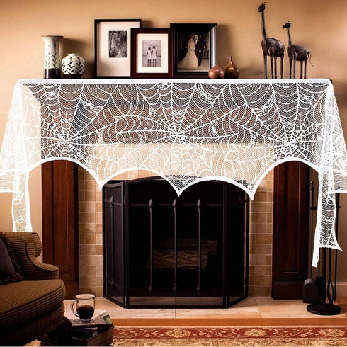 AerWo Halloween Decorations Indoor Fireplace Mantel Scarf, White Lace Spiderweb Fireplace Cover for Halloween Mantle Decor Festive Party Supplies,...