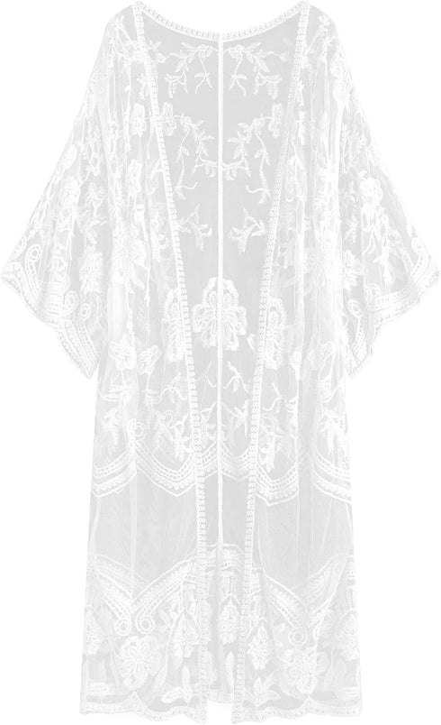 Romanstii Women's Lace Cardigan Floral Crochet Sheer Beach Cover Ups Long Kimono...