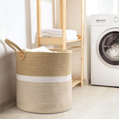 CHICVITA Extra Large Woven Storage Basket with Handles – Laundry Basket Toy Towels Jute Blanket Basket Home Decor Gift, 16" x 16", White...