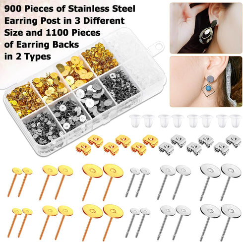 Hypoallergenic Earring Posts and Backs, Caffox 2000pcs Stud Earrings Making Kit with Ear Ring Base and Earring Backs for Leather Stud, Clay, Pearl...