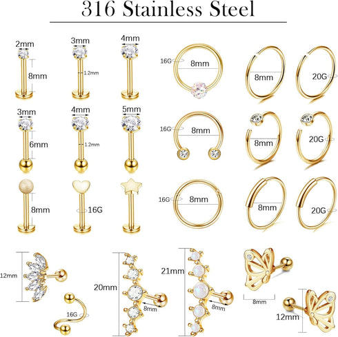 YADOCA 24PCS 16G Cartilage Earring for Women Men Surgical Steel Cartilage Stud Earring Hoop Set Lip Rings CZ Opal Hypollergenic Screw Back Earring...