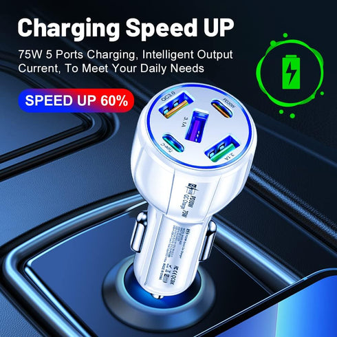 5 in 1 Car Charger Adapter,75W High Power Cigarette Lighter Adapter,QC3.0/PD Super Fast Charging Car Phone Charger Compatible with iPhone 14 13,iP...