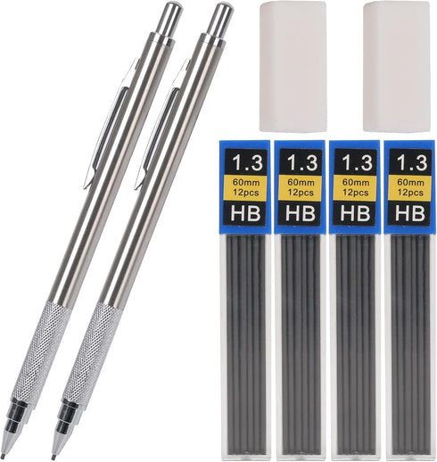 1.3 mm Mechanical Pencil Set with 4 Tubes Lead Refills,2 Eraser,1.3mm Mechanical Pencils,Metal Drafting Pencil, Lead Holder,Drawing Mechanical Pen...