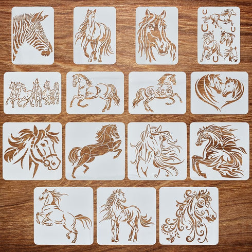 FINGERINSPIRE 15 Pcs Horse Painting Stencil Set 8.3x11.7" 11.8x11.8" Prince Charming Stallion Black Horse Horseshoe Running Horse Zebra Horse Herd...