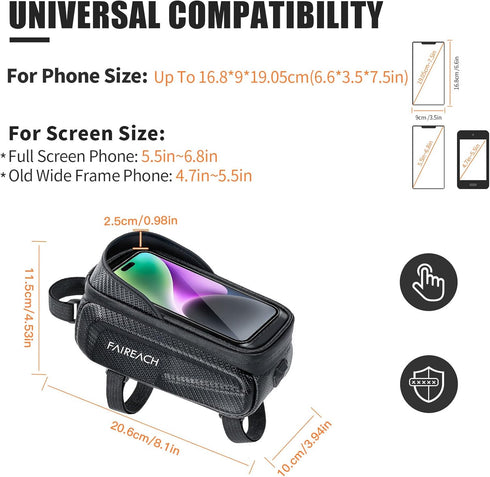 Bike Frame Bag, Large Capacity Top Tube Bike Bag with Sensitive Touch Screen Function & Sun-Visor, Waterproof Bike Phone Bag for Smart Phones 5.5”...