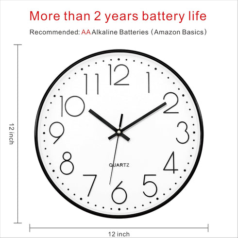 Foxtop Black Wall Clock 12 Inch Silent Non Ticking Quartz Battery Operated Round Clock Easy to Read for Office Classroom School Home Living Room B...