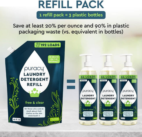 Puracy Liquid Enzyme Laundry Detergent -1,4 Dioxane Free, Natural, Scent-Free Gentle Laundry Detergent Liquid Concentrate Laundry Pouch with Stain...