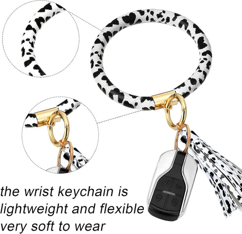 Tallew 7 Pieces Cow Print Car Accessories Set Include Steering Wheel Cover License Plate Frame with Screws Cup Holders Keyring Bracelet Handbrake ...