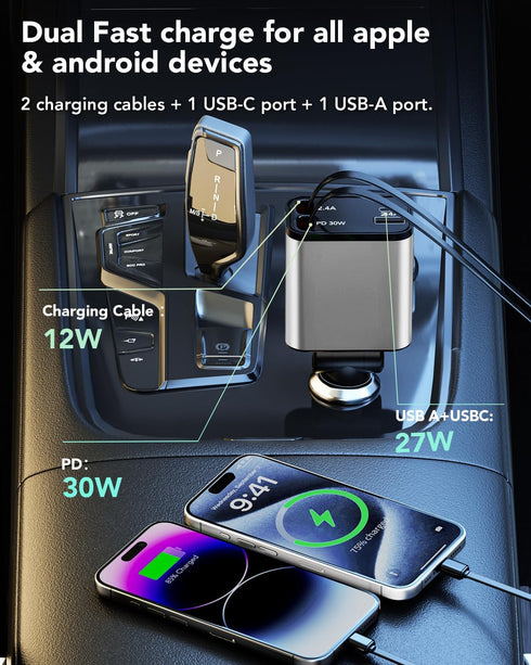HATALKIN Retractable Car Charger 4 in 1, 69W Fast Car Phone Charger, 2 Retractable Cables and USB C Car Charger, Car Charger Adapter for iPhone 16...