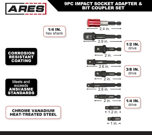 ARES 22034 – 9-Piece Impact Grade Socket Adapter and Bit Coupler Set - Turns Impact Drill Driver into High Speed Socket Driver - 1/4-Inch, 3/8-Inc...