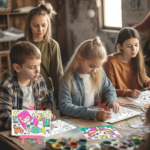 VKPI Pre-Drawn Canvas Painting Set with Mini Easel for Kids, Watercolor Art Supplies Kit with 3 Printed Canvases, 3 Plastic Easels, Paint Pots and...