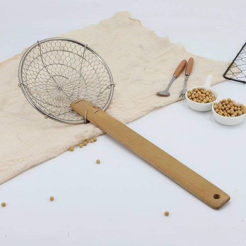 Bamboo Strainer Coarse Skimmer Kitchen Stainless Steel Spider Strainer With Natural Bamboo Handle Frying Spider spoon cooking pasta 4 Inch 7 Inch ...