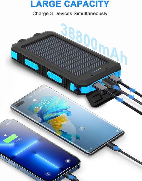 ERRBBIC Solar Power Bank, Portable Charger 38800mah, Waterproof Battery Backup Charger, Solar Panel Charger with Dual LED Flashlights, Suitable fo...