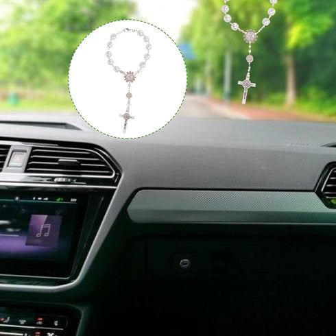 2Pcs Car Rosary for Rearview Mirror,Rosary for Car,Auto Rosary Hanging Ornament Car Rosary Ball Beads Cross Rosary Bracelet Car Decorations for Wo...