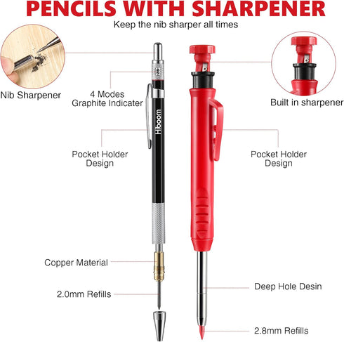 Hiboom 10 Pack Carpenter Pencil Set, 4 Colorful Solid Carpenter Pencils with Sharpener and Refills, Automatic Center Punch, Carbide Scribe Tool Ki...
