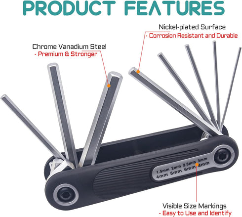 R'DEER 8 in 1 Folding Hex Key Set Pocket Portable Bike Metric Allen Wrench Kit Comfort Grip Hand Tool Sizes 1.5mm-8mm...