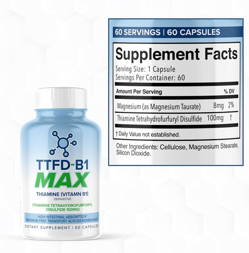 TTFD - B1 Max - Thiamine Vitamin B1 TTFD - 100mg - (Thiamine Tetrahydrofurfuryl Disulfide) Thiamine MAX, 60 Capsules by MAXLIFE NATURALS....