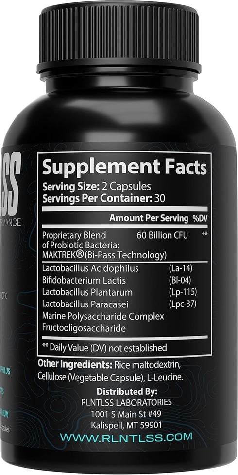 RLNTLSS - Probiotic 60 Billion CFU - 4 Strain Blend - Premium Supplement - Men and Women - Shelf Stable Probiotic Capsule - Probiotic and Prebioti...