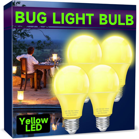 Yellow LED Bug Light Bulbs, A19 Outdoor Yellow Bug Light Bulb, 9W Equivalent 60W, Yellow Bug Light Bulbs for Outside, E26 Base for Porch, Holiday ...