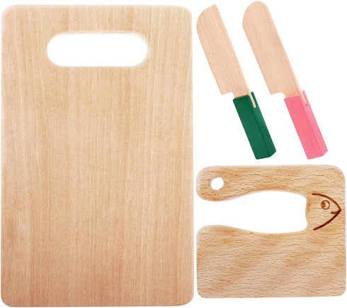 4 Pcs Wooden Kids Knives Cooking Utensils for Kitchen Cooking Children's Safe Knives Kids Cute Kitchen Tools with Rectangle Cutting Board for Cook...