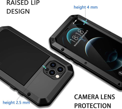 Lanhiem for iPhone 12 Pro Max Metal Case, Heavy Duty Shockproof Tough Rugged Case with Built-in Glass Screen Protector, 360 Full Body Dust Proof P...
