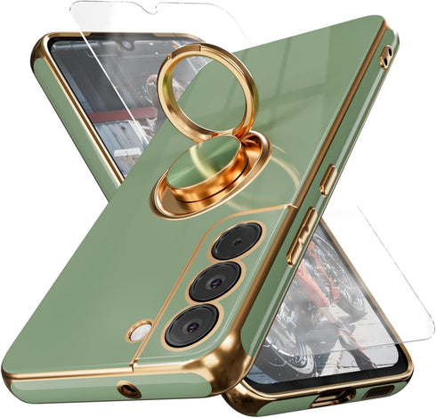 yuanming for S22 Phone Case,+Screen Protector,with Magnetic Kickstand,Built-in 360° Rotation Ring Holder,Plating Gold Edge Slim Soft TPU Shockproo...